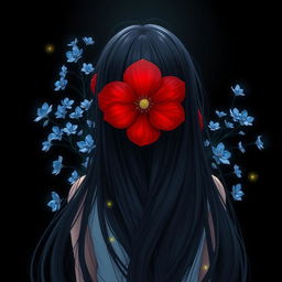 A beautiful scene featuring a girl with long, flowing black hair viewed from behind
