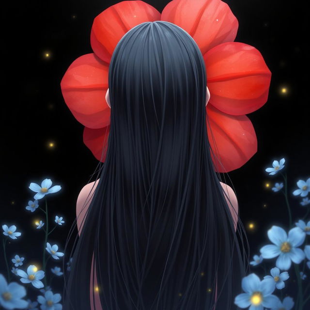 A beautiful scene featuring a girl with long, flowing black hair viewed from behind