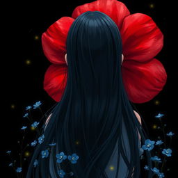 A beautiful scene featuring a girl with long, flowing black hair viewed from behind