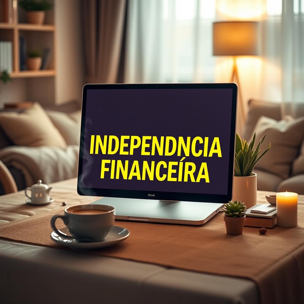 An eye-catching eBook cover design featuring a close-up view of a sleek computer with the words 'INDEPENDÊNCIA FINANCEIRA' displayed in beautiful yellow letters on the screen