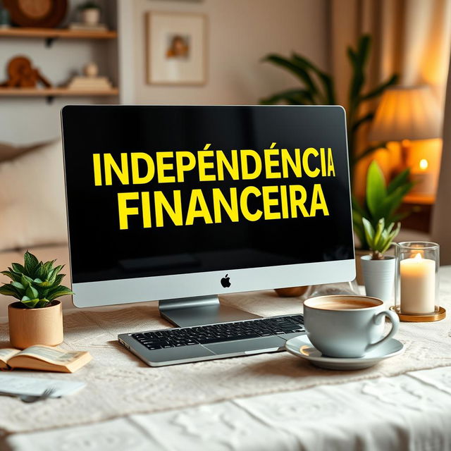 An eye-catching eBook cover design featuring a close-up view of a sleek computer with the words 'INDEPENDÊNCIA FINANCEIRA' displayed in beautiful yellow letters on the screen