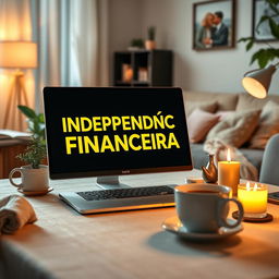 An eye-catching eBook cover design featuring a close-up view of a sleek computer with the words 'INDEPENDÊNCIA FINANCEIRA' displayed in beautiful yellow letters on the screen