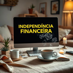 An eye-catching eBook cover design featuring a close-up view of a sleek computer with the words 'INDEPENDÊNCIA FINANCEIRA' displayed in beautiful yellow letters on the screen