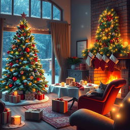 A cozy Christmas scene depicting a beautifully decorated living room with a large Christmas tree adorned with colorful lights and ornaments, a warm fireplace with stockings hanging above, and a table set for a festive feast