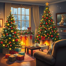A cozy Christmas scene depicting a beautifully decorated living room with a large Christmas tree adorned with colorful lights and ornaments, a warm fireplace with stockings hanging above, and a table set for a festive feast