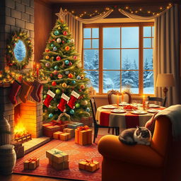 A cozy Christmas scene depicting a beautifully decorated living room with a large Christmas tree adorned with colorful lights and ornaments, a warm fireplace with stockings hanging above, and a table set for a festive feast