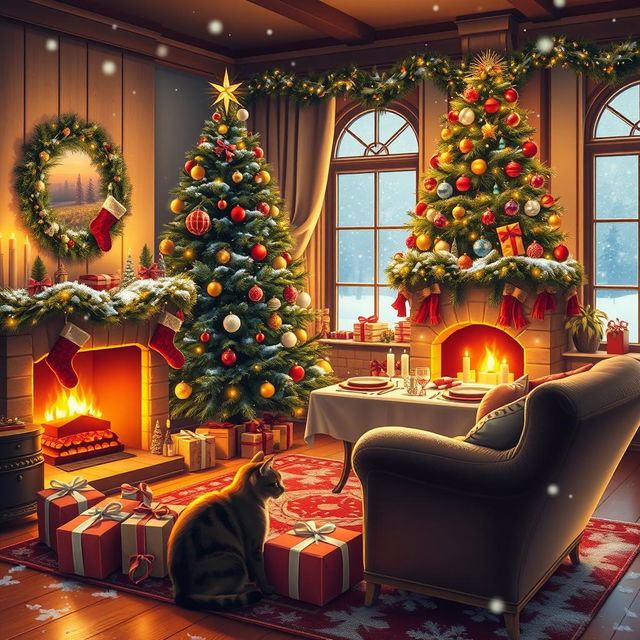 A cozy Christmas scene depicting a beautifully decorated living room with a large Christmas tree adorned with colorful lights and ornaments, a warm fireplace with stockings hanging above, and a table set for a festive feast