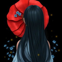A beautiful image of a girl with long, flowing black hair viewed from behind