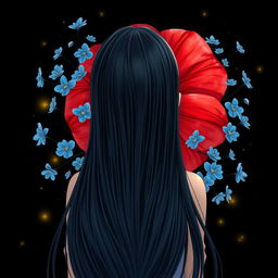 A beautiful image of a girl with long, flowing black hair viewed from behind