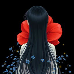 A beautiful image of a girl with long, flowing black hair viewed from behind