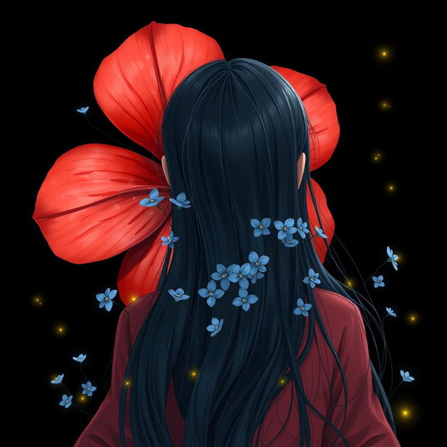 A beautiful image of a girl with long, flowing black hair viewed from behind