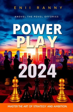 A unique and captivating book cover for the novel titled "Power Play 2024", featuring an abstract representation of power dynamics and strategy