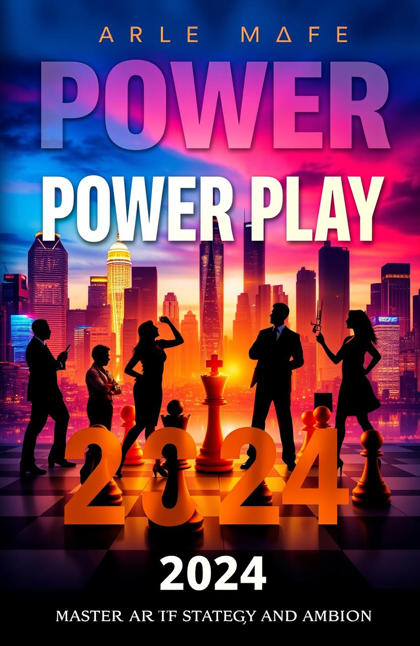 A unique and captivating book cover for the novel titled "Power Play 2024", featuring an abstract representation of power dynamics and strategy