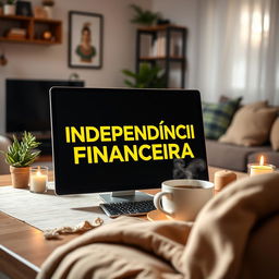 An engaging eBook cover design featuring a close-up view of a modern computer with the phrase 'INDEPENDÊNCIA FINANCEIRA' beautifully displayed in vibrant yellow letters on the screen