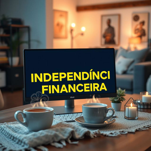 An engaging eBook cover design featuring a close-up view of a modern computer with the phrase 'INDEPENDÊNCIA FINANCEIRA' beautifully displayed in vibrant yellow letters on the screen