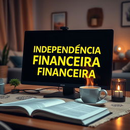 An engaging eBook cover design featuring a close-up view of a modern computer with the phrase 'INDEPENDÊNCIA FINANCEIRA' beautifully displayed in vibrant yellow letters on the screen