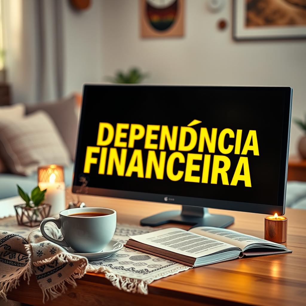 An engaging eBook cover design featuring a close-up view of a modern computer with the phrase 'INDEPENDÊNCIA FINANCEIRA' beautifully displayed in vibrant yellow letters on the screen