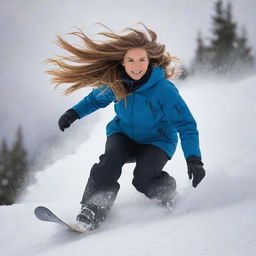 A dynamic image of a beautiful woman snowboarding down a snowy mountain slope, her hair flowing in the wind behind her.