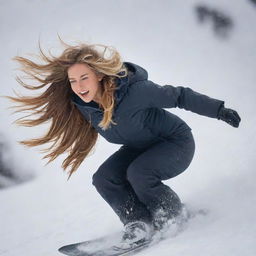 A dynamic image of a beautiful woman snowboarding down a snowy mountain slope, her hair flowing in the wind behind her.