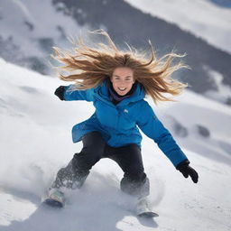 A dynamic image of a beautiful woman snowboarding down a snowy mountain slope, her hair flowing in the wind behind her.