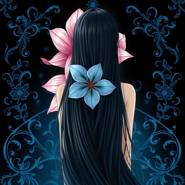 A stunning image of a girl with long, flowing black hair viewed from behind