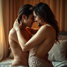 A sensual and intimate scene depicting a romantic couple in a private setting, showcasing tenderness and connection