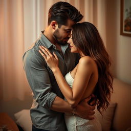 A sensual and intimate scene depicting a romantic couple in a private setting, showcasing tenderness and connection