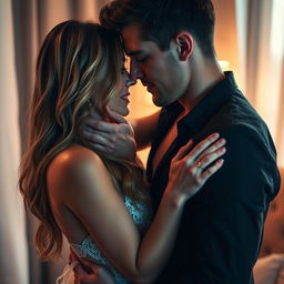 A sensual and intimate scene depicting a romantic couple in a private setting, showcasing tenderness and connection