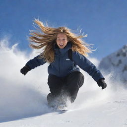 A dynamic image of a beautiful woman snowboarding down a snowy mountain slope, her hair flowing in the wind behind her.