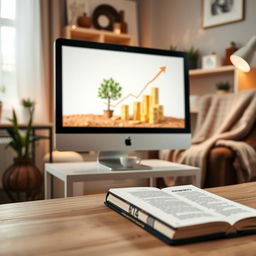 An inviting eBook cover design showcasing a close-up view of a modern computer placed in a cozy home environment