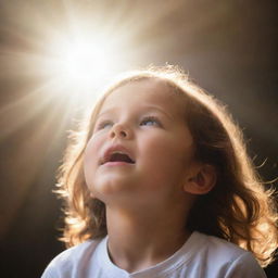 A child, radiating divine rays, tearfully gazing up at a heavenly kingdom full of light, compassion, and celestial beauty.