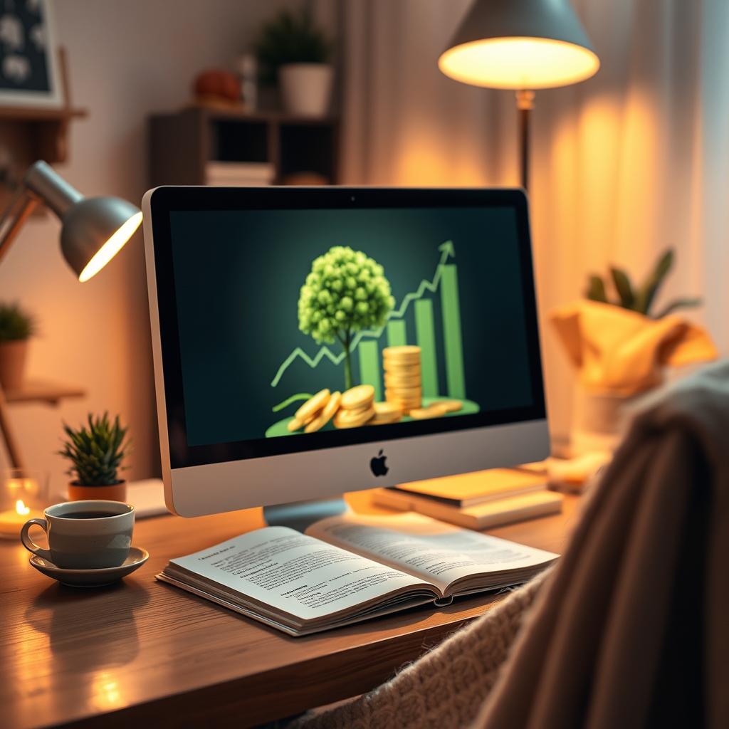 An inviting eBook cover design showcasing a close-up view of a modern computer placed in a cozy home environment