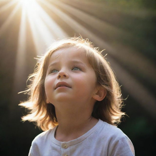 A child, radiating divine rays, tearfully gazing up at a heavenly kingdom full of light, compassion, and celestial beauty.