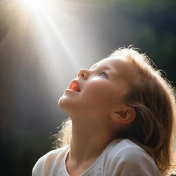 A child, radiating divine rays, tearfully gazing up at a heavenly kingdom full of light, compassion, and celestial beauty.