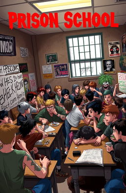 A chaotic classroom scene titled 'Prison School', depicting a gritty environment filled with rebellious students