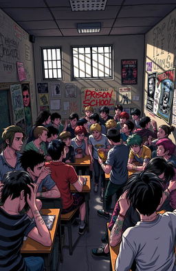 A chaotic classroom scene titled 'Prison School', depicting a gritty environment filled with rebellious students