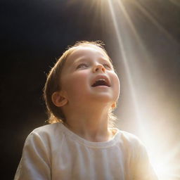 A child, radiating divine rays, tearfully gazing up at a heavenly kingdom full of light, compassion, and celestial beauty.