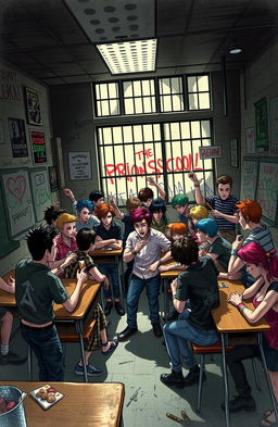 A chaotic classroom scene titled 'Prison School', depicting a gritty environment filled with rebellious students