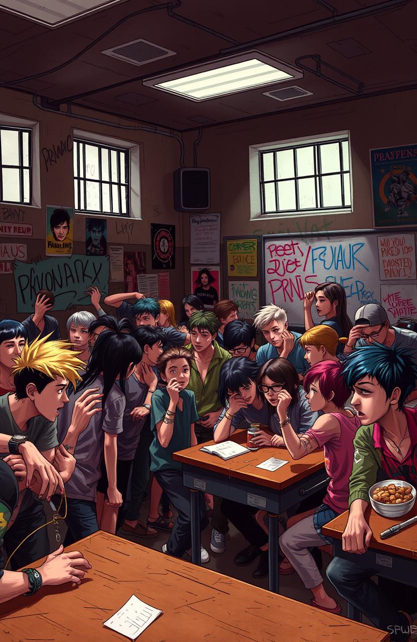 A chaotic classroom scene titled 'Prison School', depicting a gritty environment filled with rebellious students