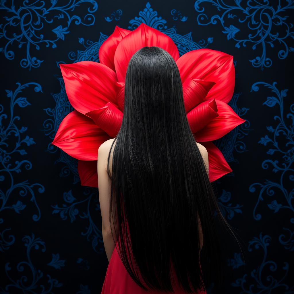 A striking image of a girl with long, flowing black hair viewed from behind