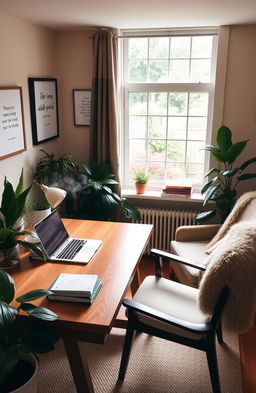 A cozy study room focused on wellbeing, featuring a large wooden desk with an open laptop, surrounded by potted plants and soft lighting