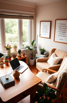 A cozy study room focused on wellbeing, featuring a large wooden desk with an open laptop, surrounded by potted plants and soft lighting