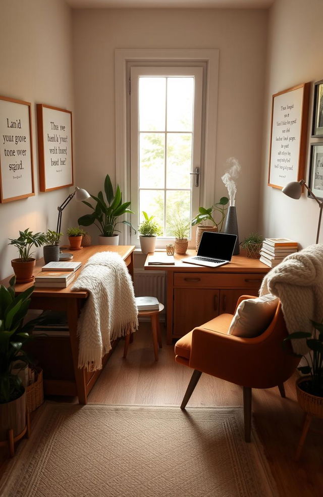 A cozy study room focused on wellbeing, featuring a large wooden desk with an open laptop, surrounded by potted plants and soft lighting