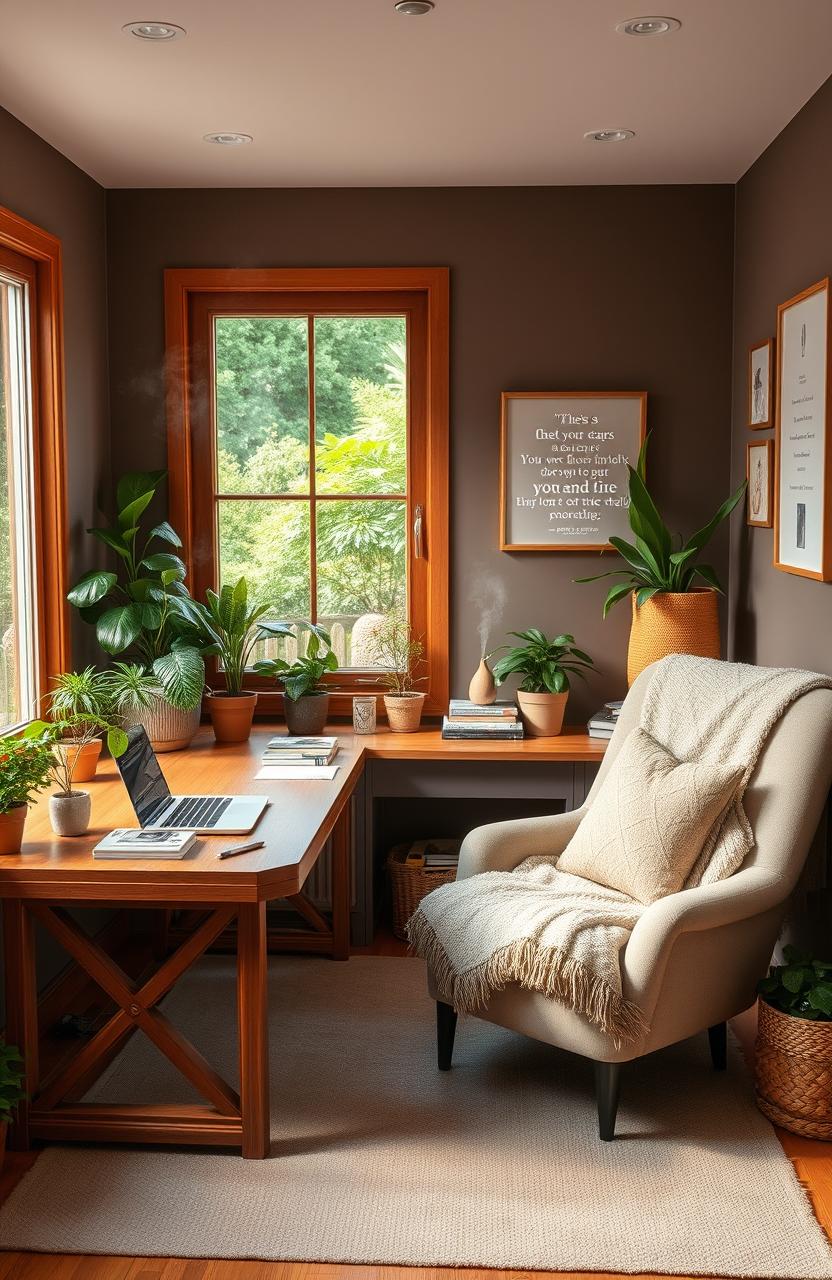 A cozy study room focused on wellbeing, featuring a large wooden desk with an open laptop, surrounded by potted plants and soft lighting