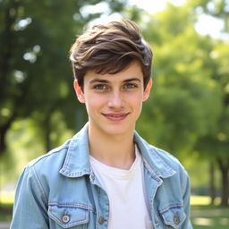A portrait of a 19-year-old male from Germany, showcasing his youthful features, with short, tousled dark hair and bright blue eyes