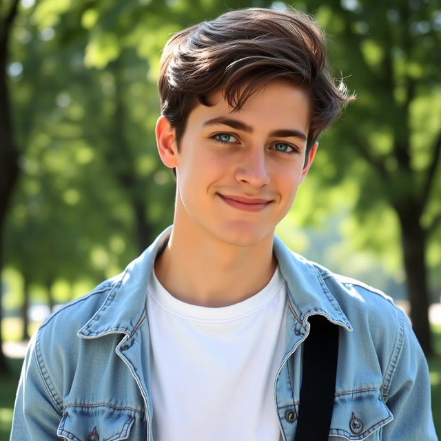 A portrait of a 19-year-old male from Germany, showcasing his youthful features, with short, tousled dark hair and bright blue eyes