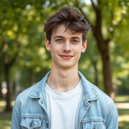 A portrait of a 19-year-old male from Germany, showcasing his youthful features, with short, tousled dark hair and bright blue eyes