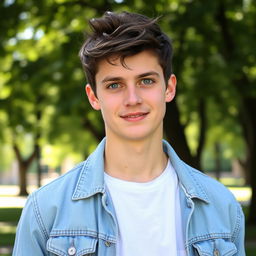 A portrait of a 19-year-old male from Germany, showcasing his youthful features, with short, tousled dark hair and bright blue eyes