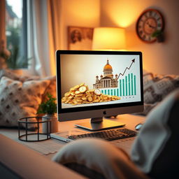 An appealing eBook cover design showcasing a close-up view of a modern computer situated in a warm and inviting home environment