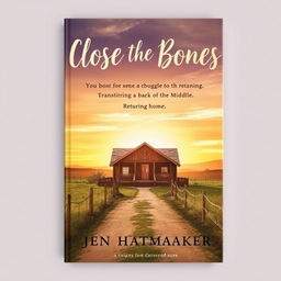 A visually engaging book cover for "Close the Bones" by Jen Hatmaker, inspired by the concept of returning home, transitioning from the middle back to the beginning